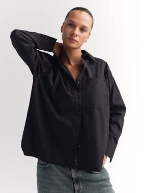 Mate The Label Organic Poplin Long Sleeve Button Down Jet Black